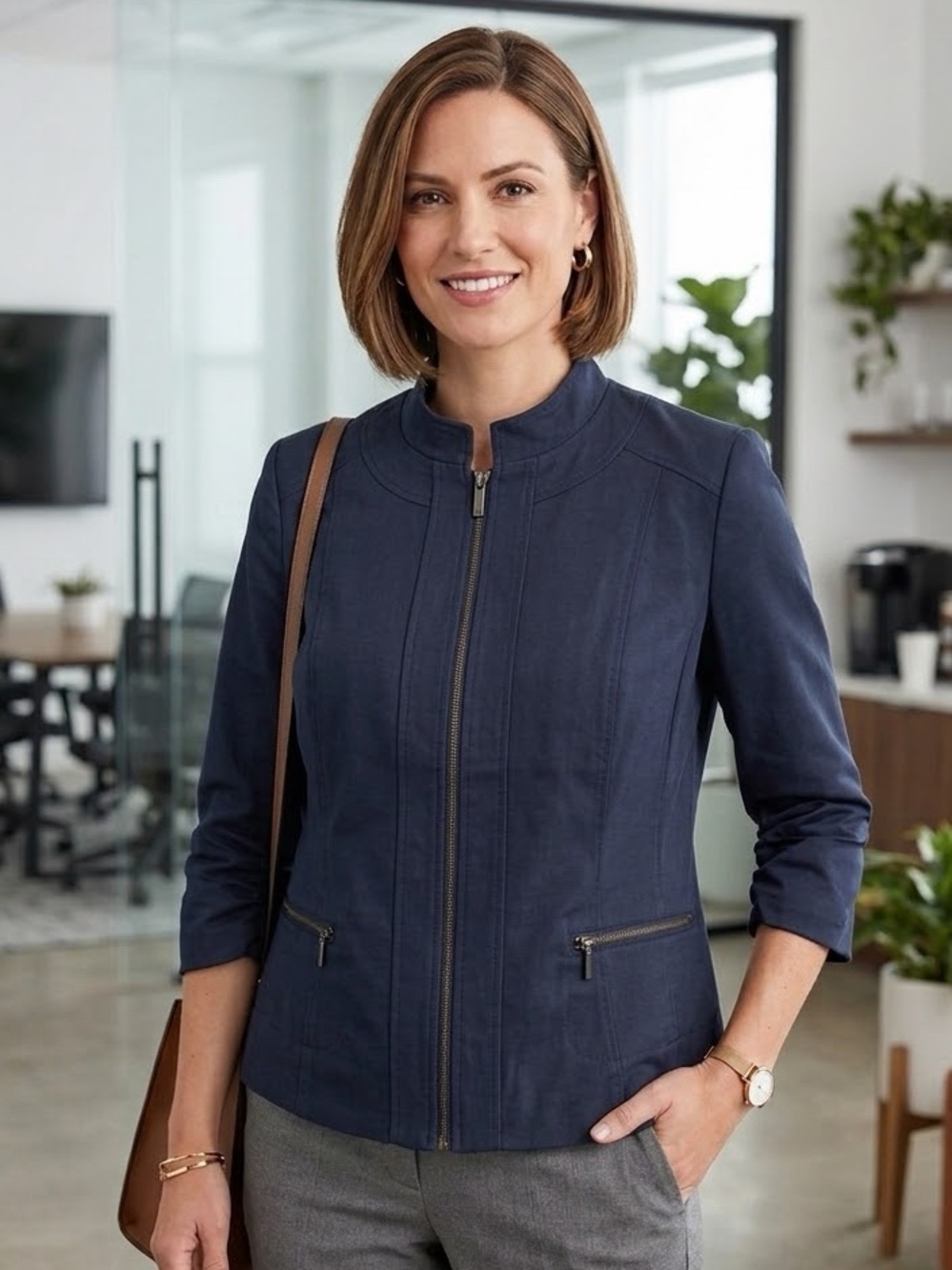 Rafaella Navy Zip-Front Tailored Jacket